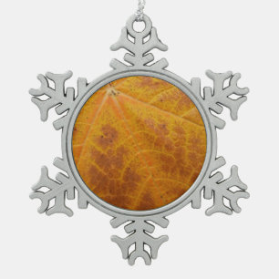 Yellow Maple Leaf Autumn Abstract Nature Snowflake Pewter Christmas Ornament