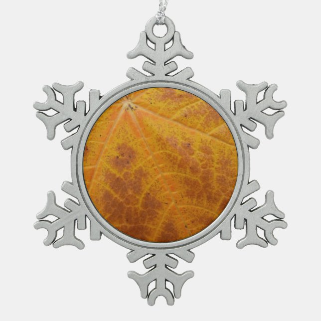 Yellow Maple Leaf Autumn Abstract Nature Snowflake Pewter Christmas Ornament (Front)