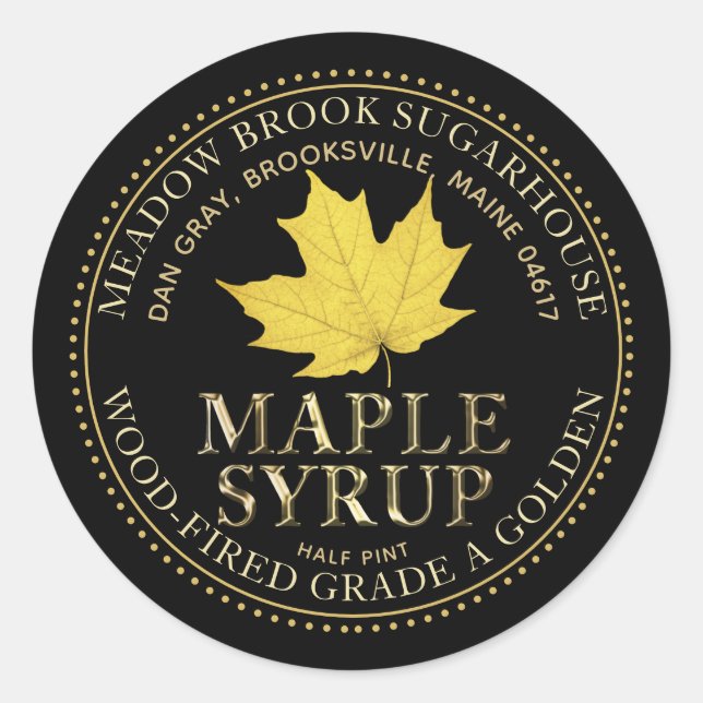Yellow Maple Leaf Maple Syrup Metallic Gold Font Classic Round Sticker (Front)