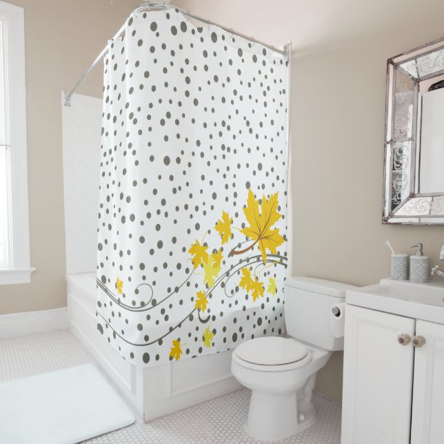 Yellow maple leaves and grey polka dots shower curtain (In Situ)