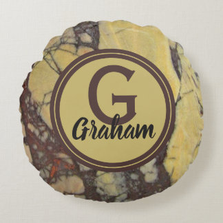 Yellow Marble Pattern Monogram Family Initial Round Cushion