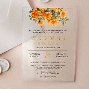 Yellow Marigold Floral South Indian Wedding Acrylic Invitations