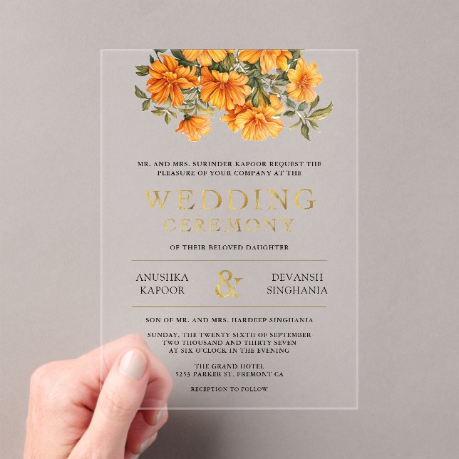 Yellow Marigold Floral South Indian Wedding Acrylic Invitations (Insitu (Handheld))