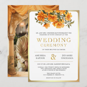 Yellow Marigold Floral South Indian White Wedding Invitation