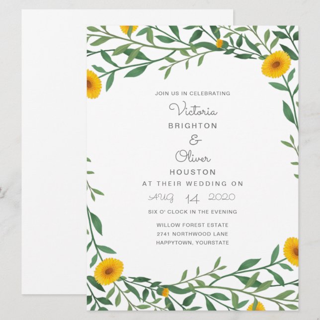 Yellow Marigold Floral Wedding Invitations (Front/Back)