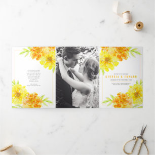 Yellow marigold flowers watercolor wedding Tri-Fold programme