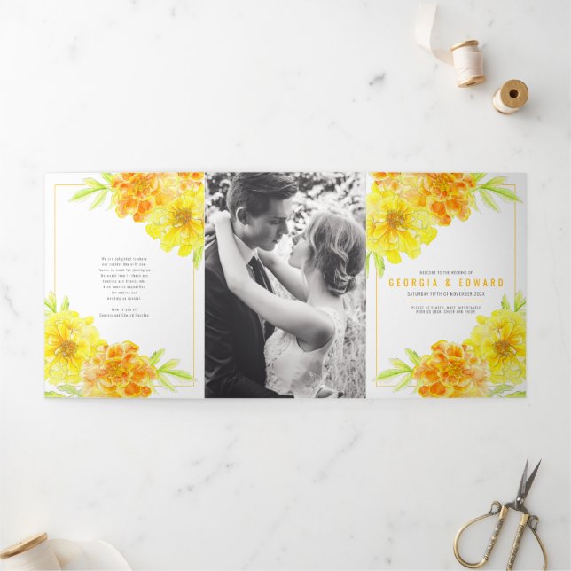 Yellow marigold flowers watercolor wedding Tri-Fold programme (Outside)