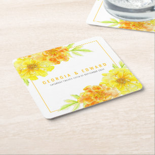 Yellow marigold watercolor flower wedding square paper coaster
