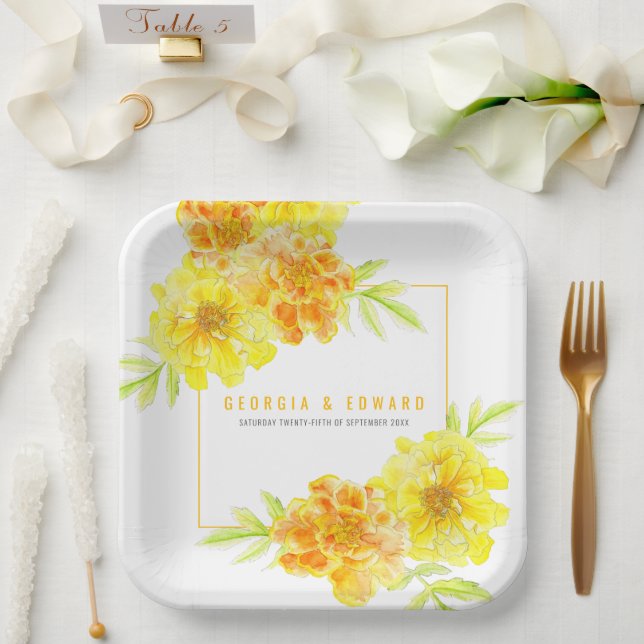 Yellow marigold watercolor flower wedding square  paper plate (Wedding)