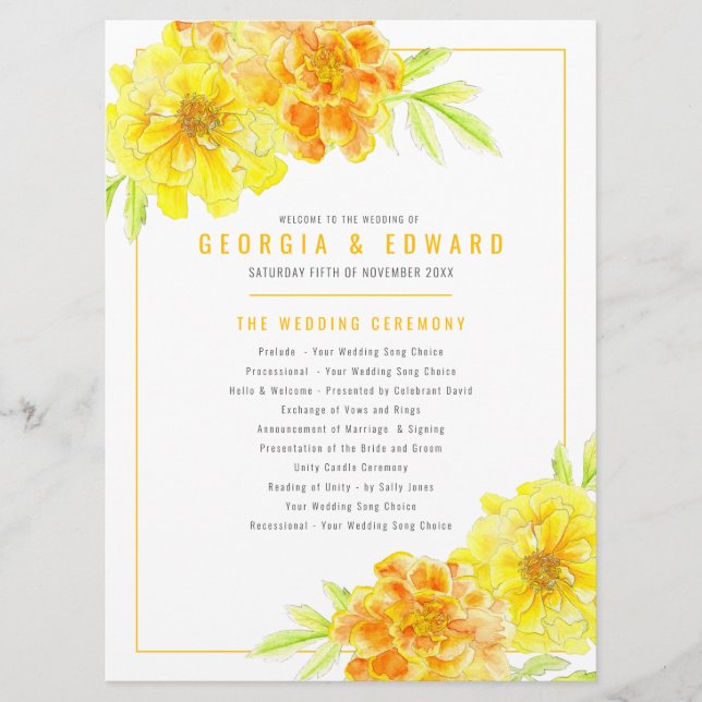 Yellow marigolds watercolor art wedding program programme (Front)
