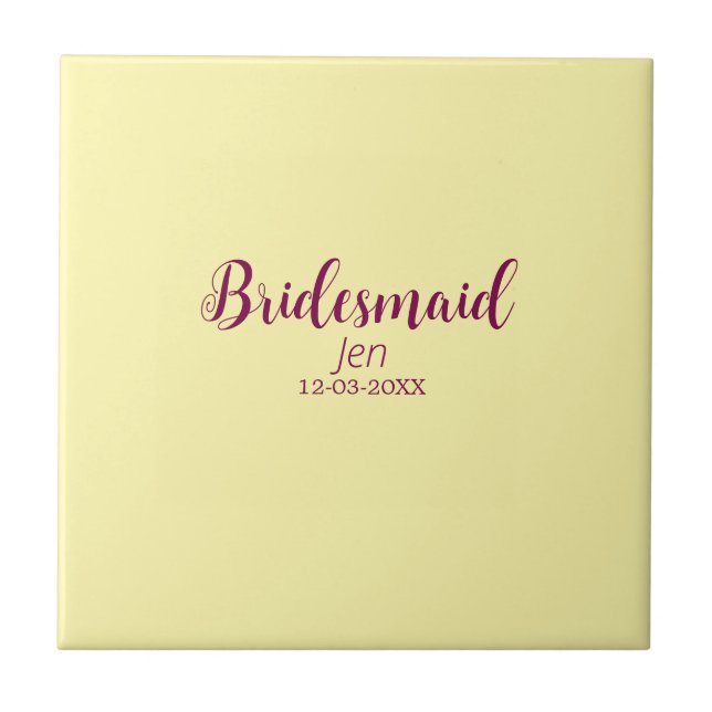 Yellow maroon bridesmaid name date stylish bride t tile (Front)