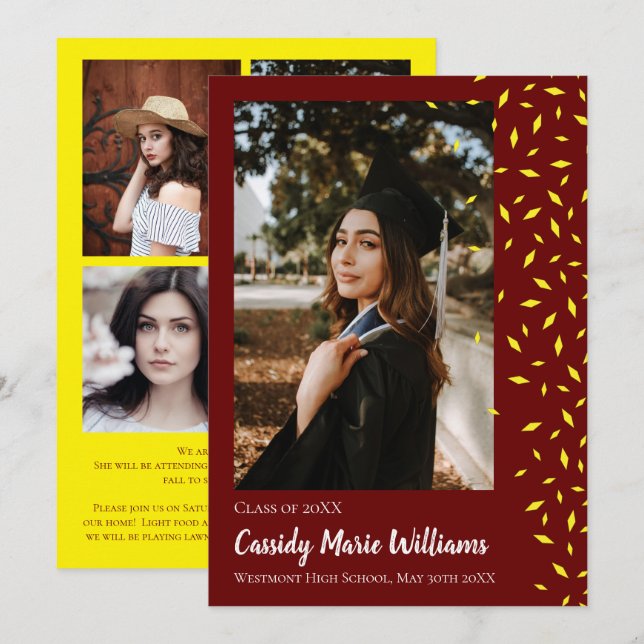 Yellow Maroon Confetti Graduation Announcement (Front/Back)