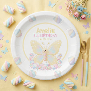 Yellow Marshmallow Butterfly Kids Birthday Paper Plate