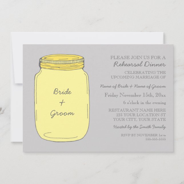 Yellow Mason Jar Wedding Rehearsal Dinner Party Invitation (Back)