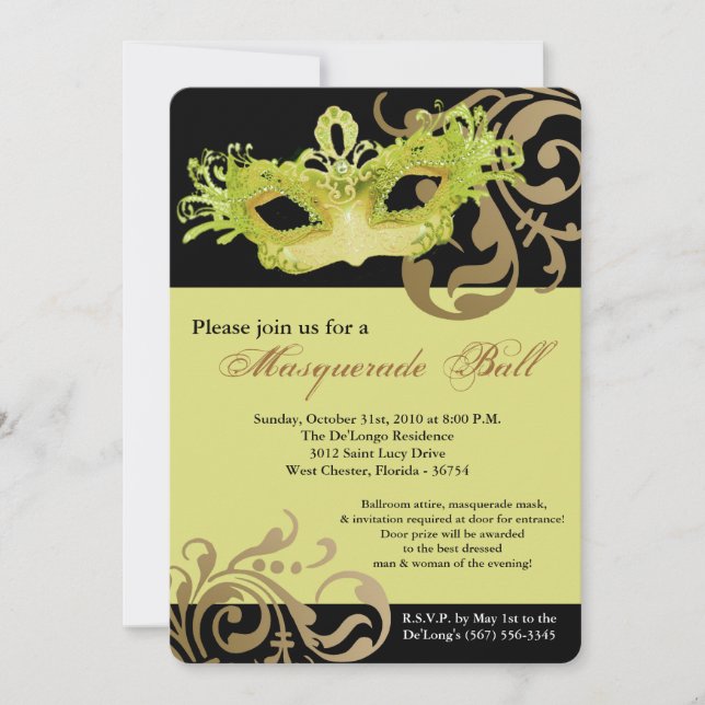 Yellow Masquerade Mask Ball Costume Halloween Invitation (Front)