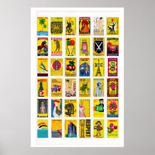 Yellow Matchbox Labels Grid Print, Vintage Poster