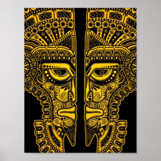 Yellow Mayan Twins Mask Illusion on Black Poster