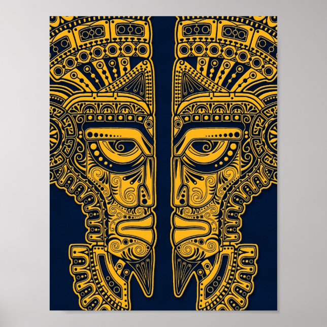 Yellow Mayan Twins Mask Illusion on Blue Poster (Front)