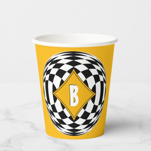 Yellow Medallion Over Black and White Diamonds  Paper Cups (Front)