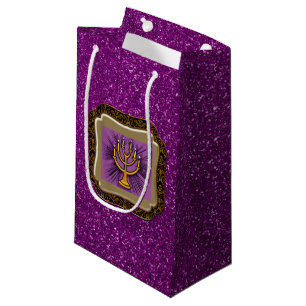 Yellow Menorah Frame Purple Faux Glitter Small Gift Bag