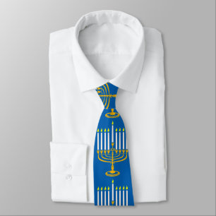 yellow menorah hanukkah jewish print tie