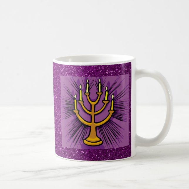 Yellow Menorah Purple Faux Glitter Coffee Mug (Right)