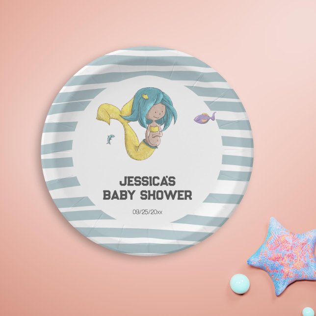 Yellow Mermaid Tail Pregnant Mermaid Baby shower Paper Plate (Cute Pregnant Mermaid Baby Shower Party Paper Plates by Kinda Cute by Patricia Alvarez)