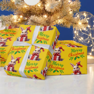 Yellow Merry Christmas Bunny Wrapping Paper