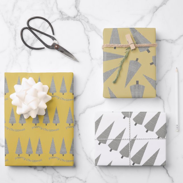 Yellow Merry Christmas Houndstooth Tree Pattern Wrapping Paper Sheet (Front)