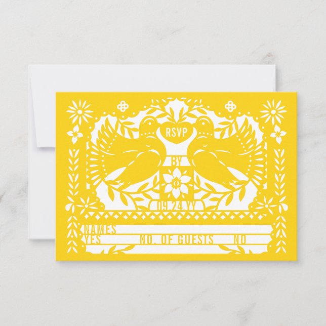 Yellow Mexican Fantail Doves Papel Picado RSVP Card (Front)