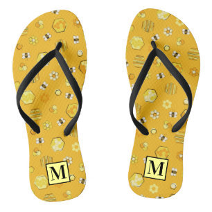Yellow Midcentury Retro Honey Bee Pattern Flip Flops