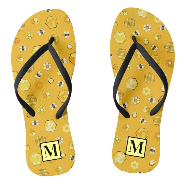 Yellow Midcentury Retro Honey Bee Pattern Flip Flops (Footbed)