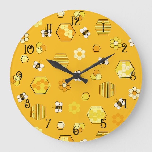 Yellow Midcentury Retro Honey Bee Pattern Large Clock (Front)