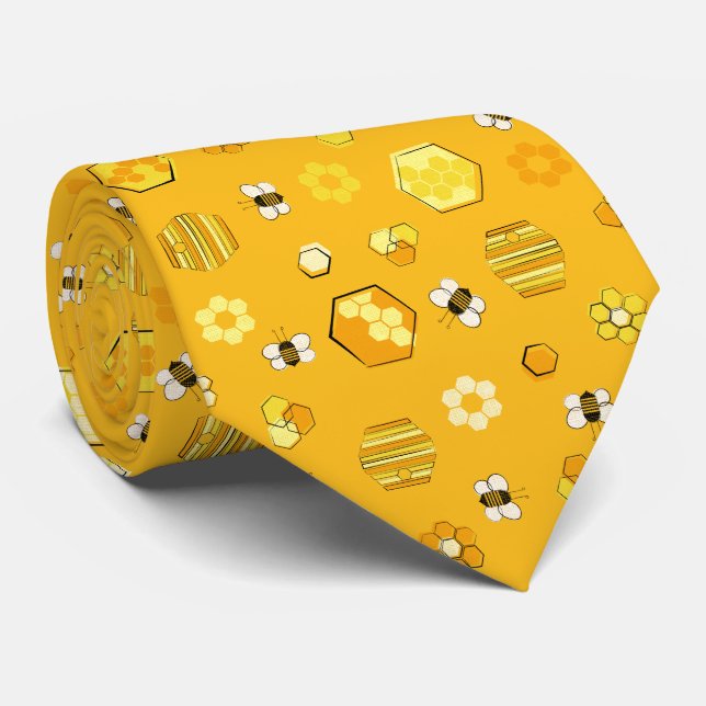 Yellow Midcentury Retro Honey Bee Pattern Tie (Rolled)