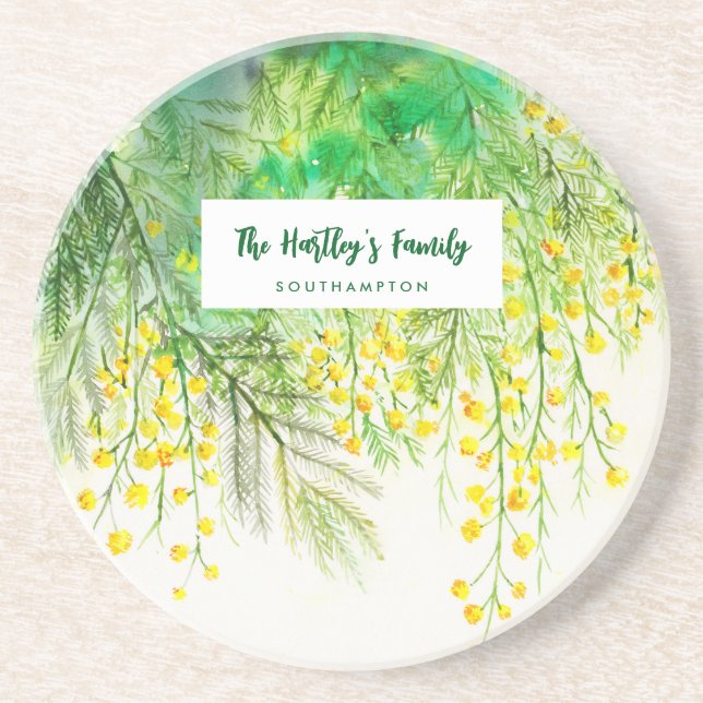 Yellow Mimosa Floral Watercolor Painting Coaster (Front)