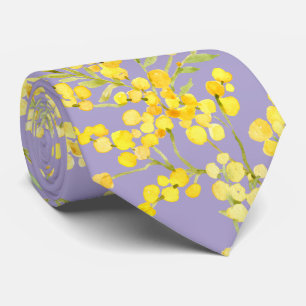 Yellow mimosa flowers on lavender tie