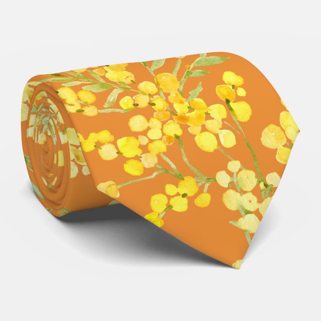 Yellow mimosa flowers on orange tie (Rolled)