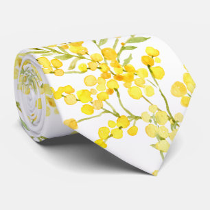 Yellow mimosa flowers on white tie