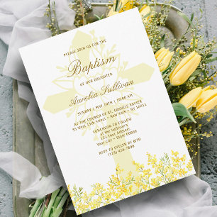 Yellow Mimosa Holy Cross Baptism Invitation