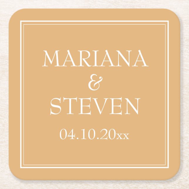 Yellow Minimalist Modern Wedding Square Paper Coaster (Front)