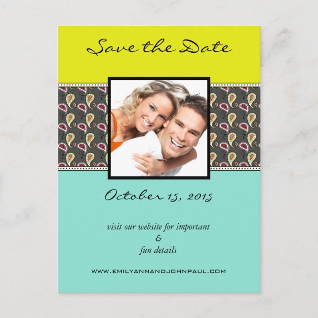 Yellow & Mint Paisley Photo Save The Date Announcement Postcard (Front)