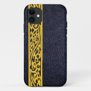 Yellow Modern Black Leather iPhone 11 Case