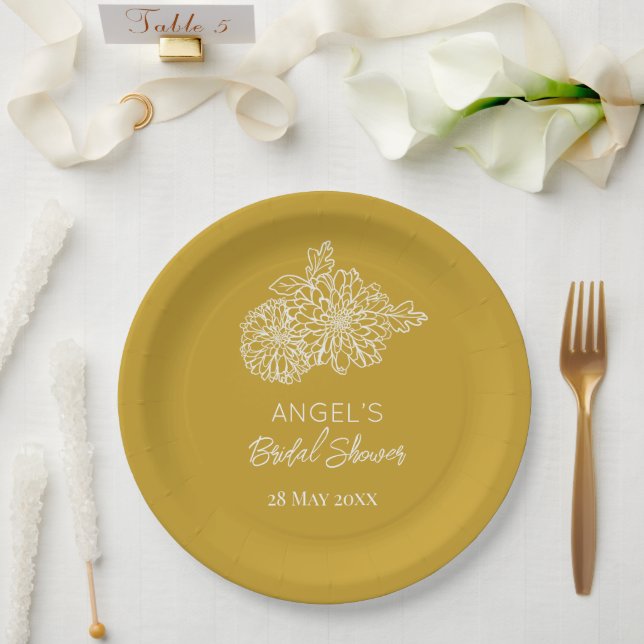 Yellow Modern  Chrysanthemums Bridal Shower Paper Plate (Wedding)