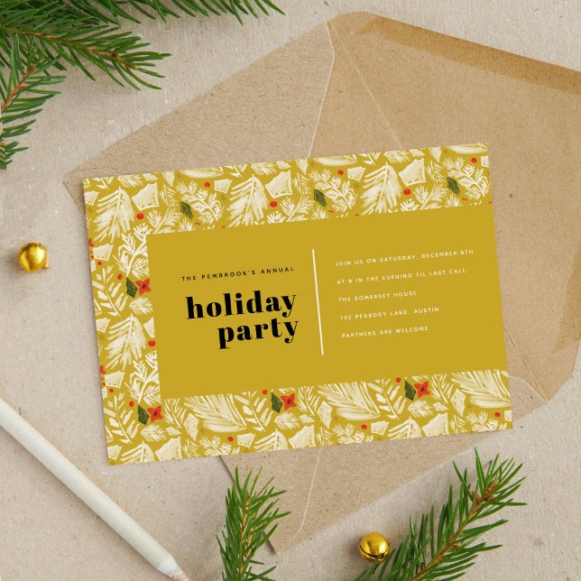 Yellow Modern Festive Botanical Holiday Party Card (Yellow Modern Festive Botanical Holiday Party)
