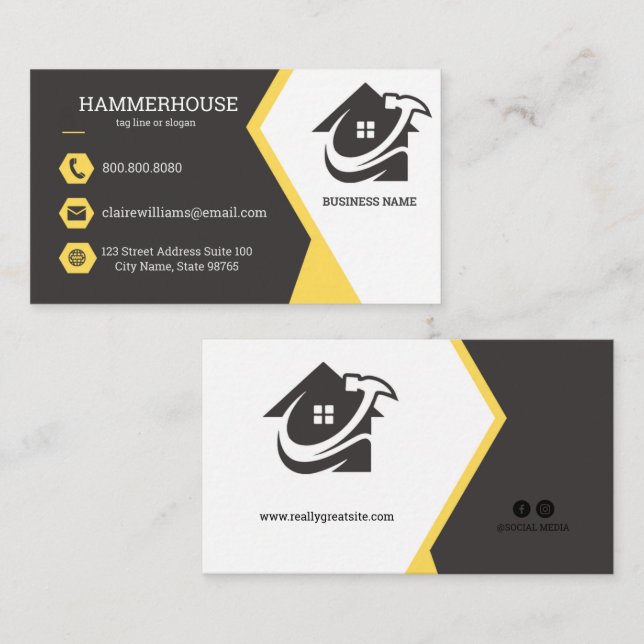 Yellow Modern Home Building Constructio Business Card (Front/Back)