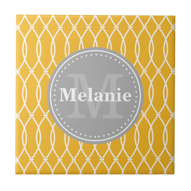 Yellow Modern Lattice Pattern Grey Monogram Tile (Front)