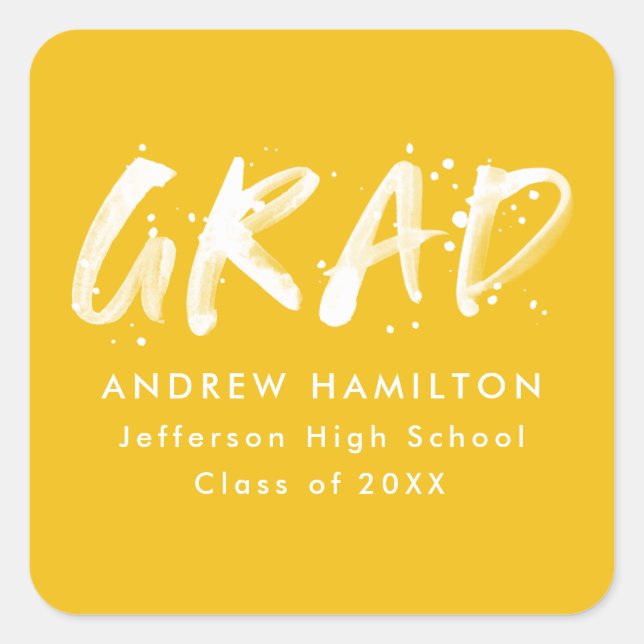 Yellow | Modern Paint Splatter Graduation Square Sticker (Front)