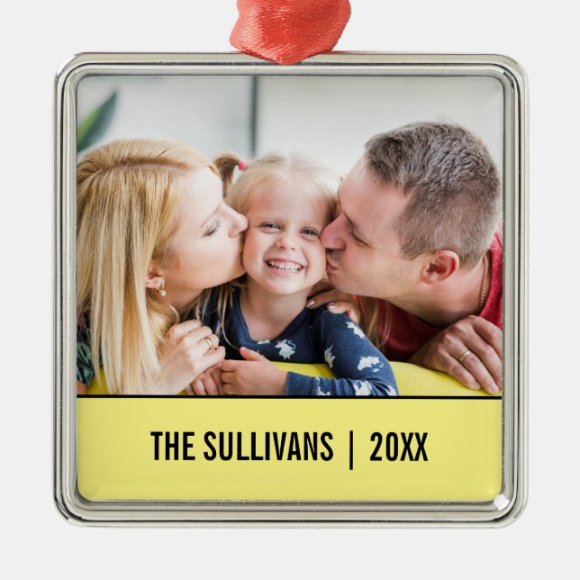 Yellow Modern Personalised Photo and custom text Metal Tree Decoration (Front)