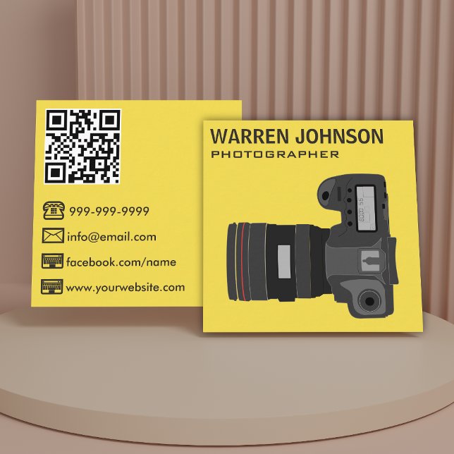 Yellow Modern Photographer QR Code Square Business Card (Creator Uploaded)