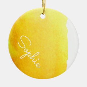 Yellow modern simple watercolor Christmas name Ceramic Tree Decoration